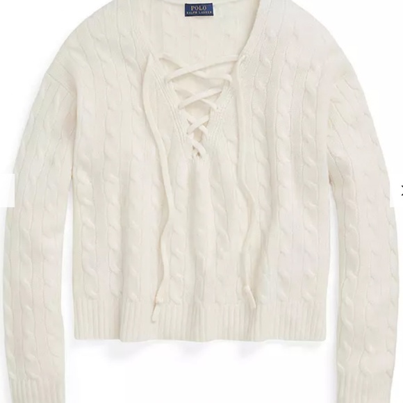 Polo Ralph Lauren Lace Up Neck Cashmere Sweater Cable Cream NWT XL - Picture 2 of 8